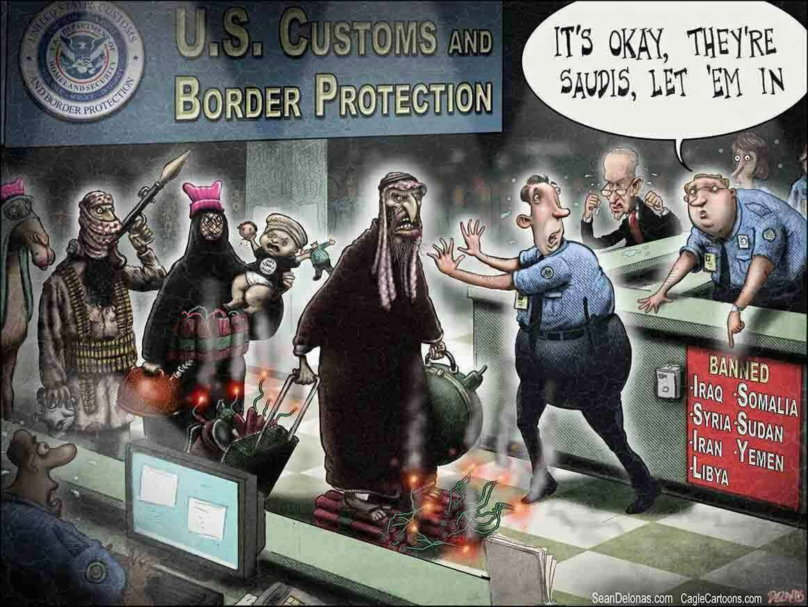 کاریکاتوری با موضوع منع ایران و 6 کشور از سفر به آمریکا/ از عربستان سعودی هستن، بذار بیان تو!